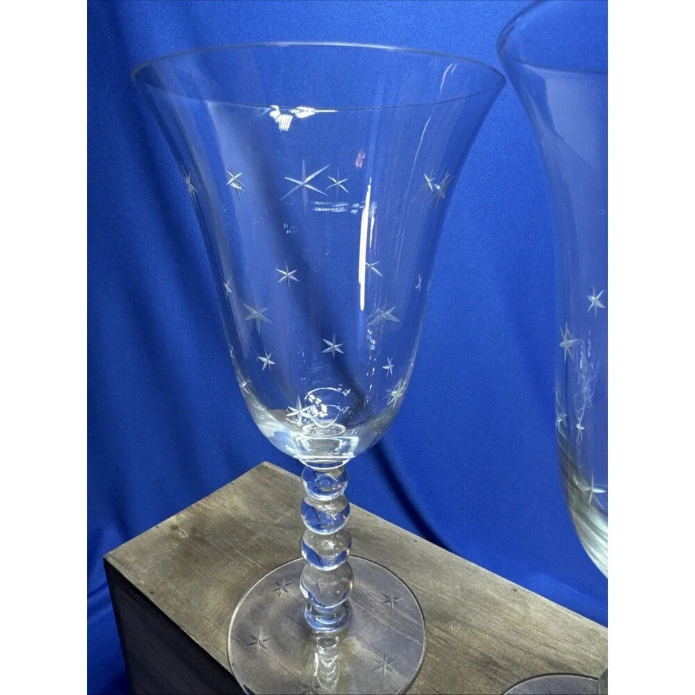 Vintage Candlewick 6 Point Star Cut 9  oz.  4 Ball Stem Water Goblets Set of 2
